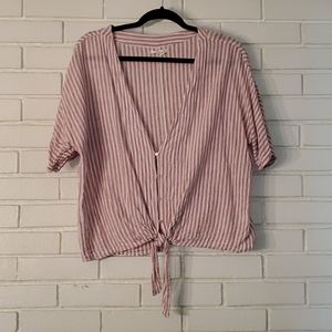 Stripe tie front linen like top